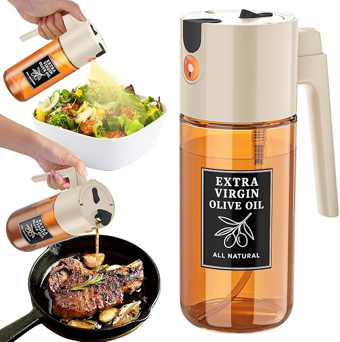 500ml Beige Glass Oil Sprayer, Dark-Tinted Glass Fine Mist Spray Bottle for Baking, Salad, Air Fryer, Light Cooking, Refillable 2-in-1 Oil Dispenser