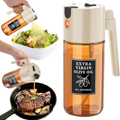 500ml Beige Glass Oil Sprayer, Dark-Tinted Glass Fine Mist Spray Bottle for Baking, Salad, Air Fryer, Light Cooking, Refillable 2-in-1 Oil Dispenser