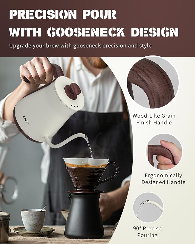 Electric Kettles, 1000W Gooseneck Electric Kettle with 6 Temperature Control Presets, 0.8L/27.05oz, 0.8mm Ultra-Fine Spout, 304 Stainless Steel Inner, Gooseneck Kettle with Auto Shut-Off, Matte White