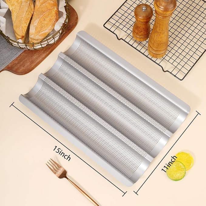 Baguette Pans for Baking 15" x 11", 3 Loaf Carbon Steel French Bread Pan Nonstick Perforated Baguette Baking Tray Silver