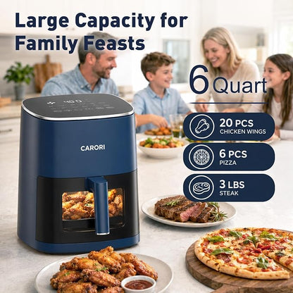 CARORI 6 Qt Air Fryer with Viewing Window, 12 Presets, 1700W, 400°F Max, Large Nonstick Dishwasher-Safe Basket, Bake, Roast, Reheat, Dehydrate, Blue