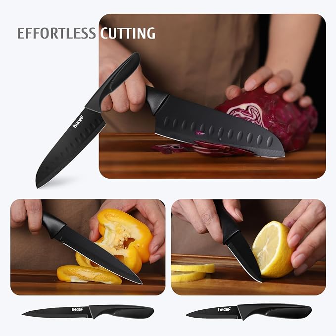 hecef Black Kitchen Knife Set of 3, Sharp Knives with Stainless Steel Blade, Lightweight Handle, Non-stick Coating Set Includes 7", 5", 3.5" Knives