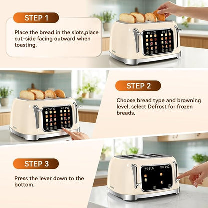 RONGBEST Retro 4 Slice Touch Screen Toaster with Stainless Steel Wide Slot, Reheat & Defrost Bagel for Family Breakfast Bread, 6 Browning Levels, Removable Crumb Tray, Cream Color