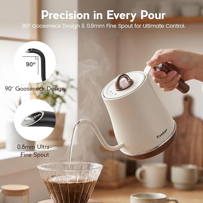 Electric Kettle, 1000W Quick Heating Gooseneck Kettles, 1.0L/33.82oz, 0.8mm Ultra-Fine Spout, Precise Water Flow Control, 304 Stainless Steel Inner, Auto Shut-Off, Boil Dry Protection, Matte Beige