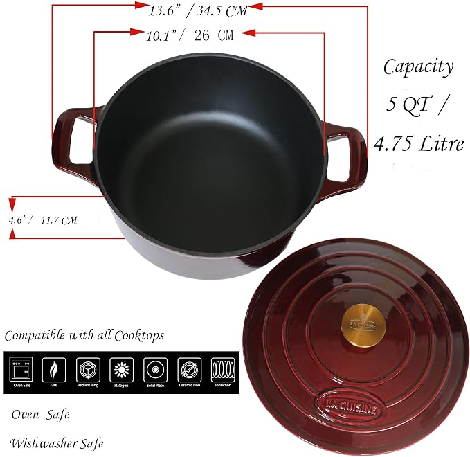 La Cuisine Enameled Cast Iron Dutch Oven Casserole Dish Pot with Lid, 5 QT 10.3“ /26cm Dia. Internal Matt Black Enamel Coating Gold-Plated SS Lid Handle Oven Safe up to 500° F, Cranberry