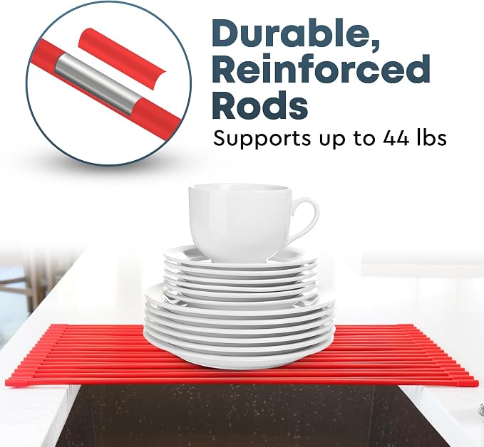 Zulay Kitchen Large Roll Up Dish Drying Rack - Heavy Duty Silicone Wrapped Steel Rods Over Sink Dish Drying Rack - Versatile Roll Up Sink Drying Rack & Trivet - Red,20.5 inches x 13 inches