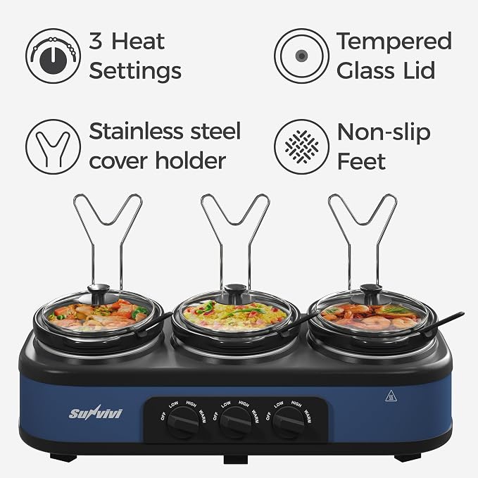 Sunvivi Triple Slow Cooker, Buffet Server & Warmer with 3 Removable Ceramic Pots, 3 Adjustable Temp Settings & 3 Metal Lid Rests, Stainless Steel, 3 * 1.5 Quarts Blue