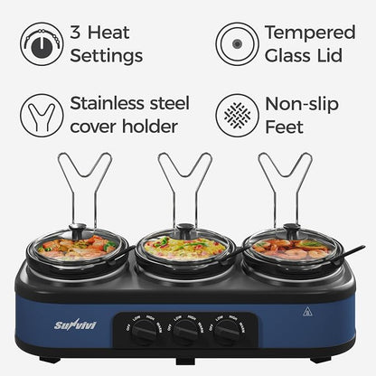 Sunvivi Triple Slow Cooker, Buffet Server & Warmer with 3 Removable Ceramic Pots, 3 Adjustable Temp Settings & 3 Metal Lid Rests, Stainless Steel, 3 * 1.5 Quarts Blue