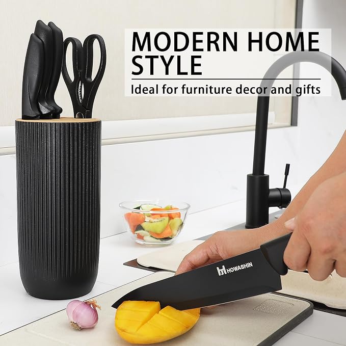 6-Piece Black Kitchen Knife Set with Block - Non-stick Stainless Steel, Anti-Rust Knives for Cooking, Slicing & Baking, Perfect for Home Chefs & Culinary Enthusiasts