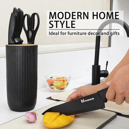 6-Piece Black Kitchen Knife Set with Block - Non-stick Stainless Steel, Anti-Rust Knives for Cooking, Slicing & Baking, Perfect for Home Chefs & Culinary Enthusiasts
