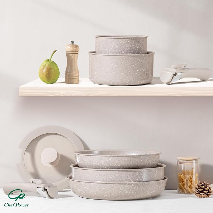Chef Power Ceramic Nonstick Pots and Pans Set 19 Piece with Detachable Handle, Induction Dishwasher Oven Safe Cookware Set, RV Kitchen Set Removable Handle, Mocca Taupe