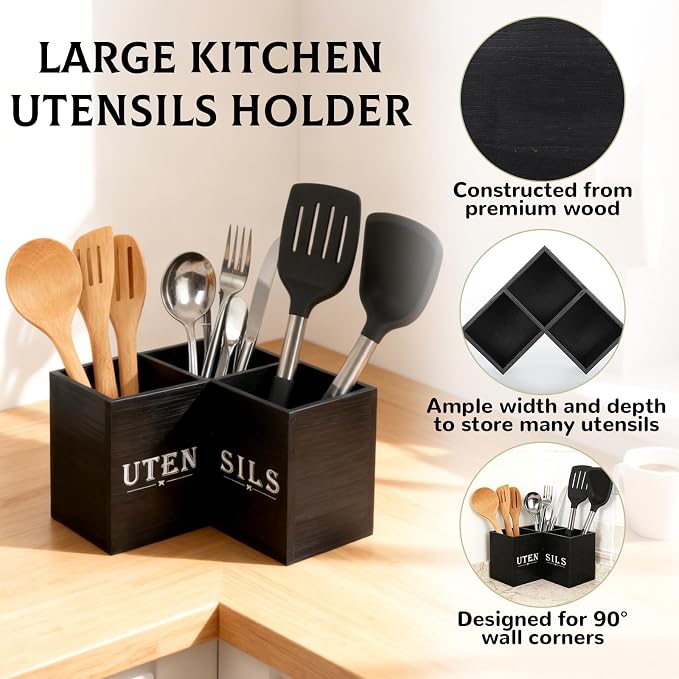 Kitchen Utensils Holder with 3 Compartments,Corner Utensil Caddy,Wooden Utensil Organizer for Countertop, Farmhouse Decor
