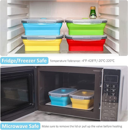 Collapsible Food Storage Containers with Airtight Lid, 27 oz, Kitchen Stacking Silicone Collapsible Meal Prep Container Set for Leftover, Microwave Freezer Dishwasher Safe, 4 Colors, Set of 4
