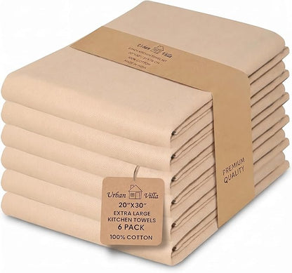Urban Villa Kitchen Towels 100% Cotton Dish Towels for Kitchen(Set of 6)20”x30” Dish Cloths Highly Absorbent Kitchen Linen Set with Hanging Loop Perfect for Drying Dishes Cleaning Hand Towels – Beige
