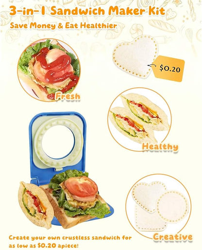 3-in-1 Uncrustable Sandwich Maker - Heart/Circle/Square Crustless Sandwich Cutter & Sealer for Kids' Lunch, Breakfast & Lunchboxes | BPA-Free Uncrustable Press,Easy Clean(3-Shape Blue)