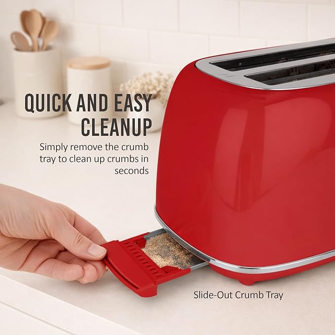 Nostalgia Classic Retro 2-Slice Toaster- Vintage Design- Enamel Coated Steel Body- Wide Slots for all Breads- Crumb Tray, Cord Storage- Defrost,Cancel and Bagel Function & 6 Toasting Levels- Red