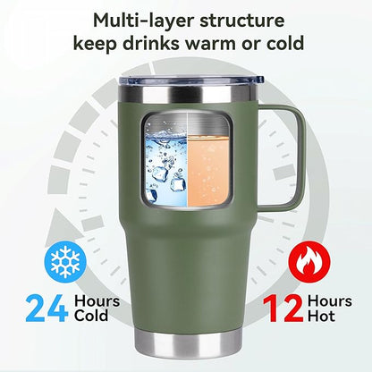 20oz Tumbler Bulk with Lid, Stainless Steel Tumbler Bulk with Handle, Metal Insulated Travel Coffee Mug Set with Handle, Double Wall Vacuum Leak Proof Tumbler Cup, Amy Green 6 Pack