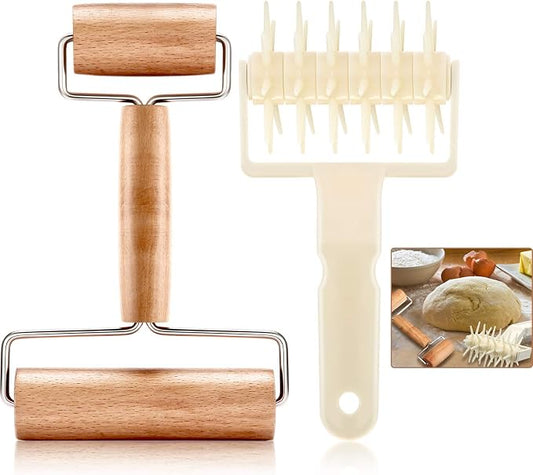 Mudder 2 Pcs Pizza Dough Roller Docker Set, Plastic Dough Docker Pastry Roller with Spikes Non-stick Wooden Rolling Pin for Cookie, Pie, Pastry, Bread, Crust
