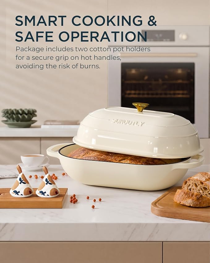 Enameled Cast Iron Bread Oven, 5QT Cast Iron Dutch Oven for Homemade Sourdough Bread Baking, Oval Bread Pot with Dome Lid & Cotton Potholders, Cream White
