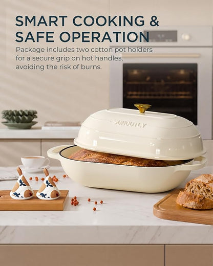 Enameled Cast Iron Bread Oven, 5QT Cast Iron Dutch Oven for Homemade Sourdough Bread Baking, Oval Bread Pot with Dome Lid & Cotton Potholders, Cream White