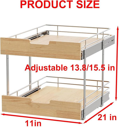 Sikarou Pull Out Cabinet Organizer,Heavy-Duty Slide Out Shelf, Wood and Wire Basket, Pull Out Drawer for for Kitchen Under Sink Space, Pantry, Bathroom, 2 Tie 11 * 21 in