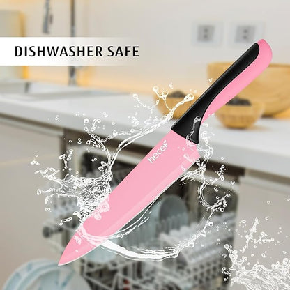 hecef 13 Pieces Kitchen Knife Set with Built-in Sharpening Wooden Block, Dishwasher Safe, High Carbon Stainless Steel Knife Block Set with Steak Knives, Kitchen Scissors, Pink