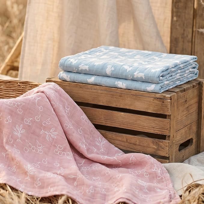 4-Pack Muslin Swaddle Blankets for Newborns | 100% Cotton Breathable Soft Muslin, Large 31.5"x43.3" | Multi-Use Stroller Sunshade Nursing Cover & Receiving Blanket, Neutral Rabbits