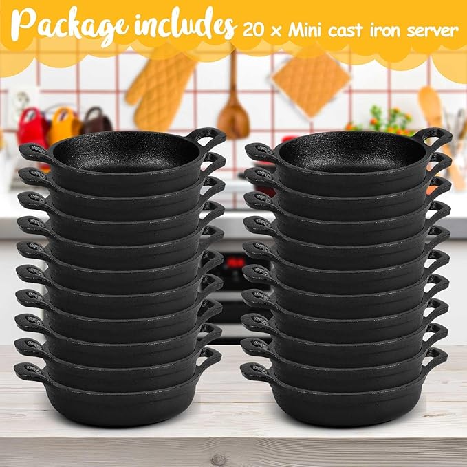 Ziliny 20 Pack Mini Cast Iron Skillets 5 x 5 x 1.3 Inch Cast Iron Pan Small Ramekin Set Black Casserole Dish Cookware Oven Safe Mini Skillets for Kitchen Indoor Outdoor Picnic