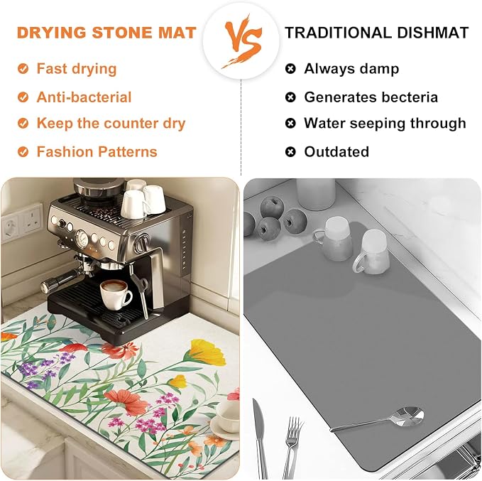 LOKHOM Dish Drying Mat for Kitchen Counter, 17"x32" Absorbent Coffee Bar Mat with Spring Floral, Dish Drainer Rack Mat for Kitchen Counter
