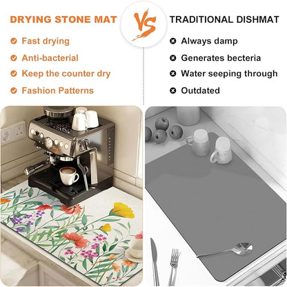 LOKHOM Dish Drying Mat for Kitchen Counter, 17"x32" Absorbent Coffee Bar Mat with Spring Floral, Dish Drainer Rack Mat for Kitchen Counter
