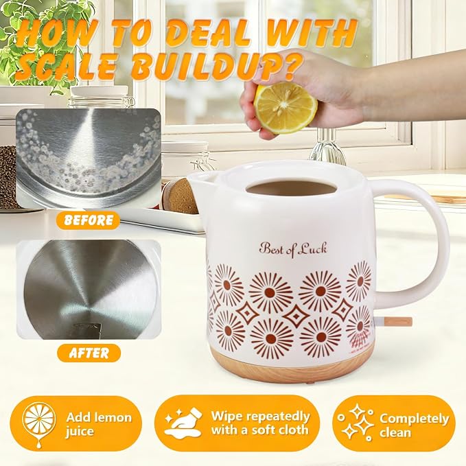 Ceramic Electric Kettle 1 Quarts, Automatic Shut Off, Porcelain Teapot, Hot Water Electric Boiler with LED Light, Boil Dry Protection, Short Spout 1000W Rapid Boiling Water for Tea Coffee