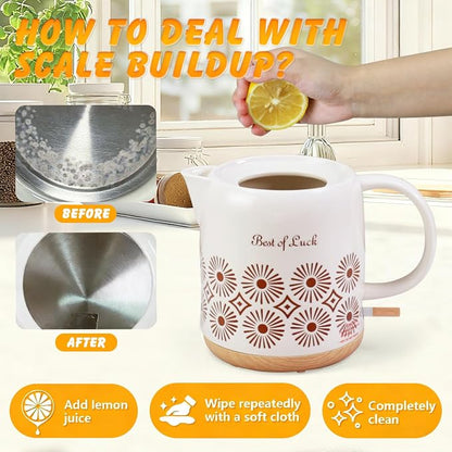 Ceramic Electric Kettle 1 Quarts, Automatic Shut Off, Porcelain Teapot, Hot Water Electric Boiler with LED Light, Boil Dry Protection, Short Spout 1000W Rapid Boiling Water for Tea Coffee
