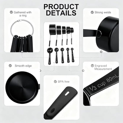 Bopei Measuring Cups and Spoons Set, Titanium-Plated Matte Black Stainless Steel 10 Piece for Cooking and Baking (5 Cups + 5 Spoons All Black)