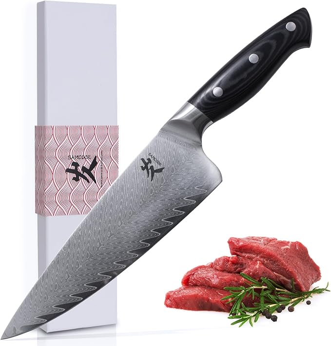 SAMCOOK Damascus Chef Knife - 8 Inch Professional Sharp Kitchen Knife - Japanese VG-10 High Carbon Stainless Steel Gyuto Cooking knife - Ergonomic Micarta Wood Handle with Gift Box