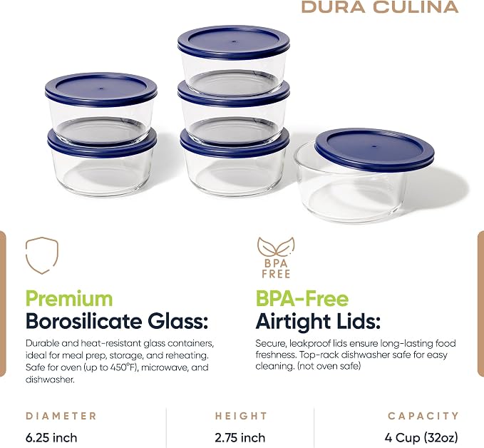12-Piece Glass Food Storage Containers Set (6 Containers + 6 BPA-Free Lids) | 4-Cup, Leakproof | Microwave, Freezer, Oven & Dishwasher Safe | Ideal for Meal Prep & Pantry Organization, Blue