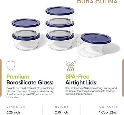 12-Piece Glass Food Storage Containers Set (6 Containers + 6 BPA-Free Lids) | 4-Cup, Leakproof | Microwave, Freezer, Oven & Dishwasher Safe | Ideal for Meal Prep & Pantry Organization, Blue