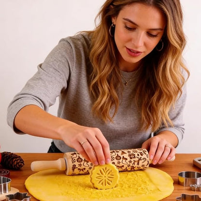 Wooden Embossed Rolling Pin for Baking & Crafts-Easy to Clean, Lightweight Design for Cookie Dough, Pie Crust & Pastry- Deep Engraved Pattern Roller Also Perfect for Clay- Essential Kitchen & DIY Tool