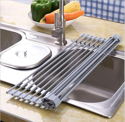 Roll Up Dish Drying Rack Over The Sink.Foldable Kitchen Drainer,Fully Silicone Cover Stainless Steel Bar,Heat-Resistant, Anti-Slip Sink Rack for Kitchen Counter Multipurpose.