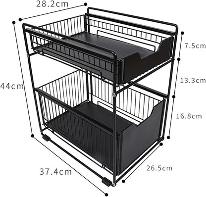 IDEALHOUSE 2-Tier Pull Out Cabinet Organizer, Heavy Duty Slide Out Pantry Shelves Drawer Storage Fixed with Adhesive Film, Sliding Mesh Cabinet Basket for Kitchen Bathroom Home, White