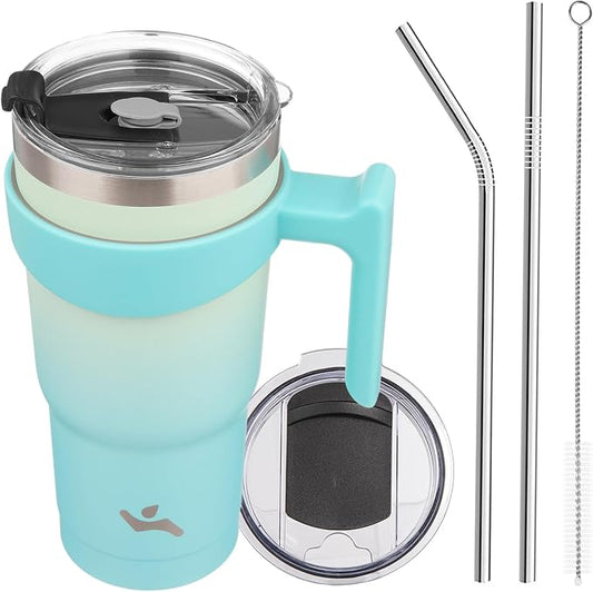 Konokyo 20 oz Tumbler with Handle and 2 Straw 2 Lid, Insulated Water Bottle Stainless Steel Vacuum Cup Reusable Travel Mug, Mint