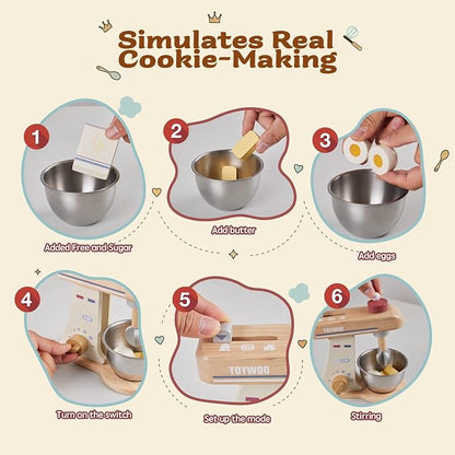 Kids Play Kitchen Toddler Playset with Play Food and Wooden Toy Mixer Montessori Accessories Pretend Cooking Gift for Boys Girls Age 3 4 5 6 7