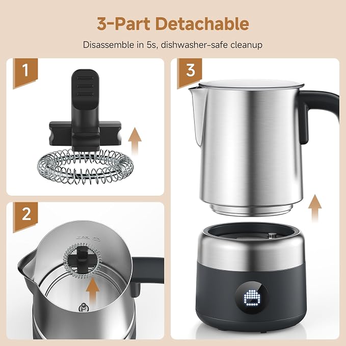 AMZCHEF 8-in-1 Electric Milk Frother and Steamer 600W, 17oz Large Capacity & Detachable, Automatic Warm and Cold Foam Maker for Coffee, Hot Chocolate, Stainless Steel Jug, LED Display, Easy to Clean