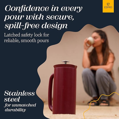 ESPRO Pro P7 French Press Coffee Maker - Double-Walled Stainless Steel Insulated with Micro-Filter - Cranberry, 32oz