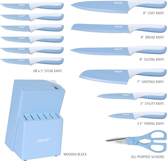 hecef 15 Pieces Kitchen Knife Set with Built-in Sharpening Wooden Block, Dishwasher Safe, High Carbon Stainless Steel Knife Block Set with Steak Knives, Kitchen Scissors, Blue