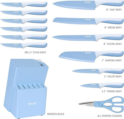 hecef 15 Pieces Kitchen Knife Set with Built-in Sharpening Wooden Block, Dishwasher Safe, High Carbon Stainless Steel Knife Block Set with Steak Knives, Kitchen Scissors, Blue