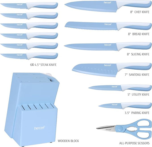 hecef 15 Pieces Kitchen Knife Set with Built-in Sharpening Wooden Block, Dishwasher Safe, High Carbon Stainless Steel Knife Block Set with Steak Knives, Kitchen Scissors, Blue