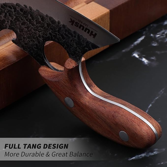 Huusk Knives, Viking Boning Knife for Meat Cutting, Small Ulu Knife, Hand Forged Full Tang Caveman Ultimo Knives for Kitchen or Camping Christmas Gift for Men and Women