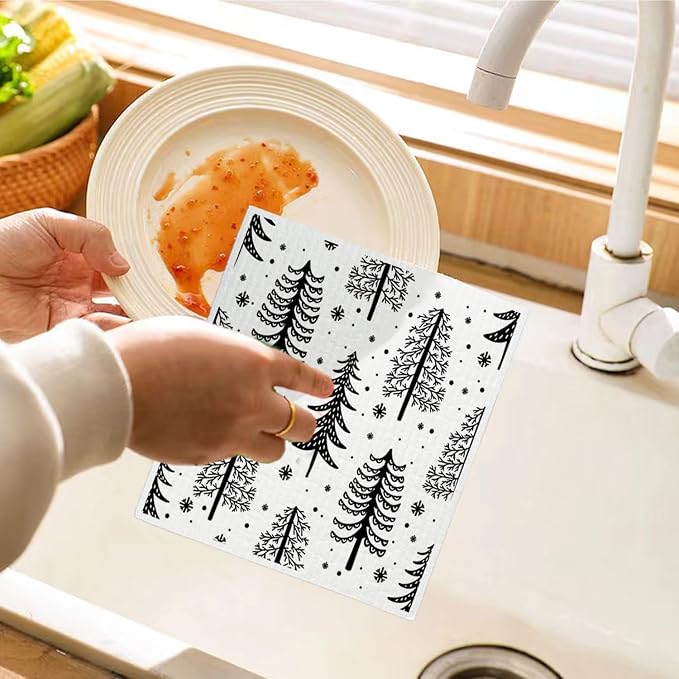 Christmas Pine Tree Swedish Dishcloths for Kitchen, Swedish Dish Cloths for Pine Tree, Black and White Christmas Towels, 4 Pack for Papaya Reusable Paper Towels Washable, Sponge Cloths