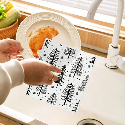 Christmas Pine Tree Swedish Dishcloths for Kitchen, Swedish Dish Cloths for Pine Tree, Black and White Christmas Towels, 4 Pack for Papaya Reusable Paper Towels Washable, Sponge Cloths