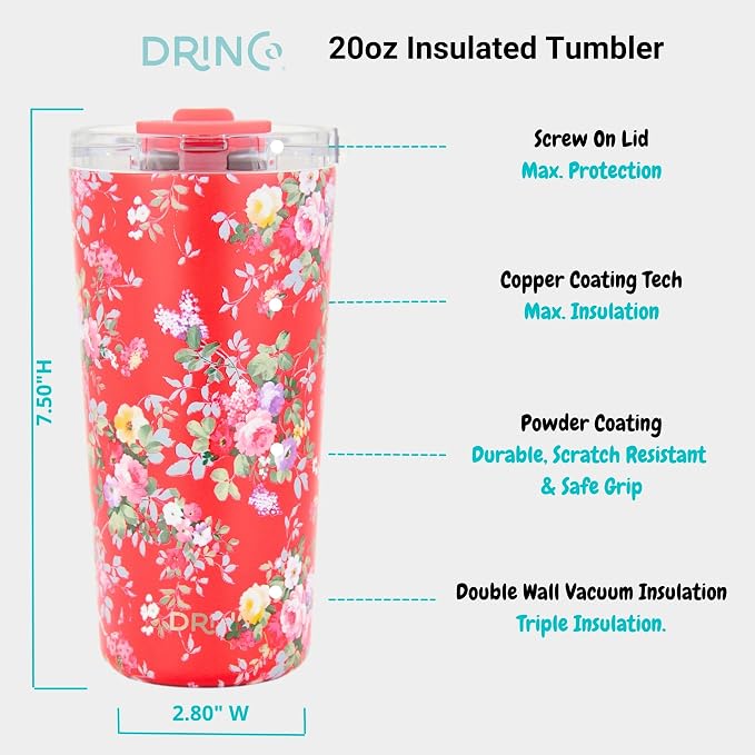 Drinco - 20 oz Stainless Steel Tumbler | Double Walled Vacuum Insulated Mug With Lid, 2 Straws, For Hot & Cold Drinks (20oz Peony Floral)